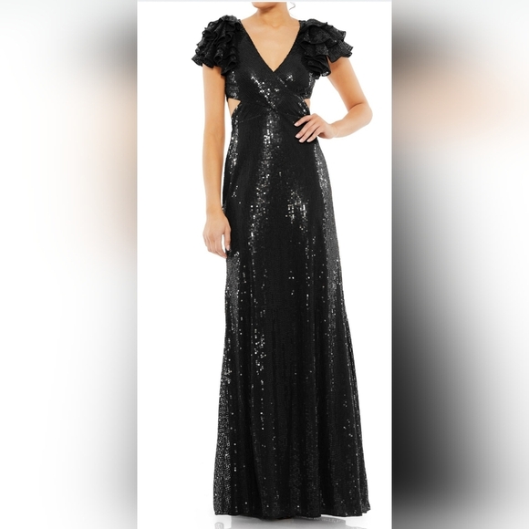 Mac Duggal, Sequined Ruffled Cut-out Lace-up Gown, Black, Size 8‎ - NWOT. - Picture 1 of 13